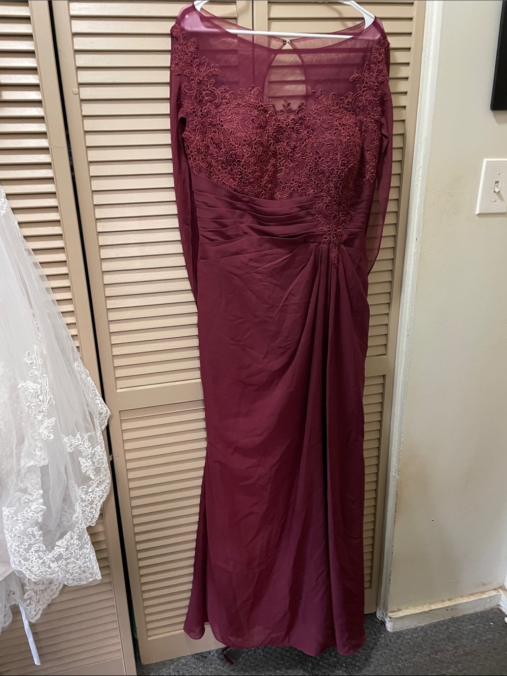 Wine Long-Sleeve Lace Evening Gown